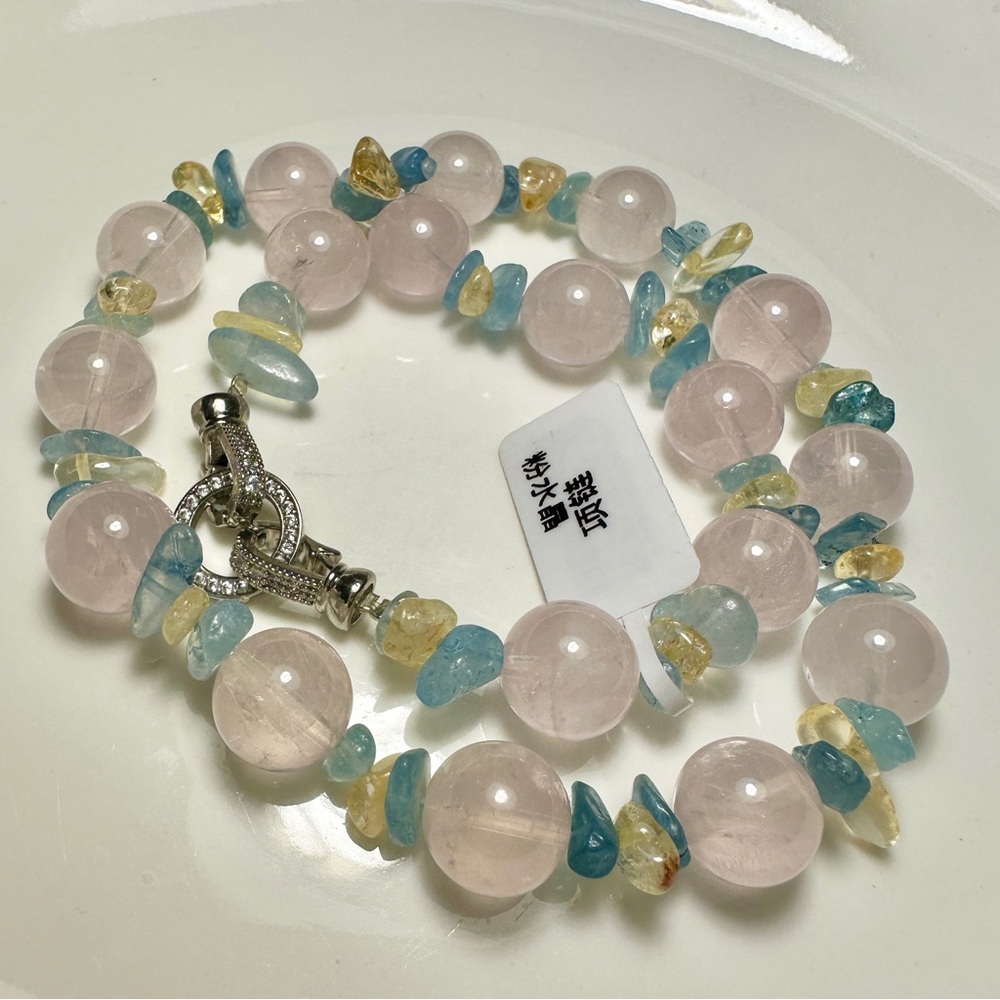 Multi-Color Rose Quartz Aquamarine Citrine Necklace12mm & 17.25 inch long - Picture 3 of 3